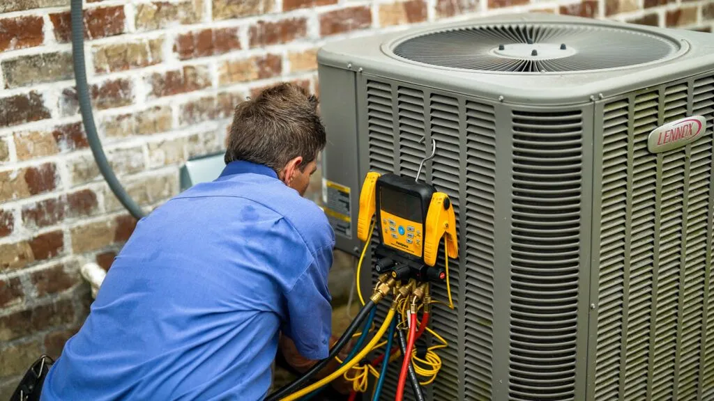 A technician servicing a condenser unit against a brick wall